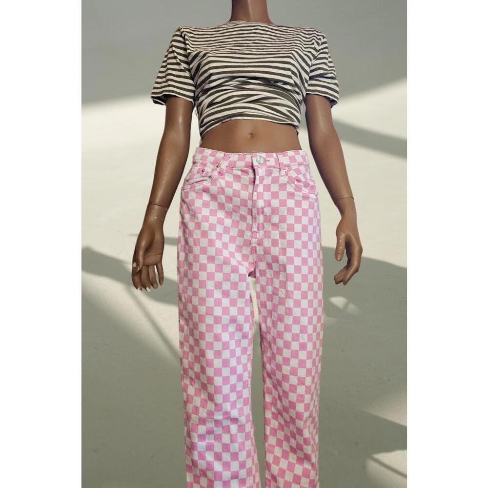 Pink and white gingham stretchy jeans size 8